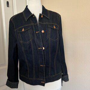 Liz Claiborne Dark Wash Stretch Denim Jean Jacket with Polka Dot Trim